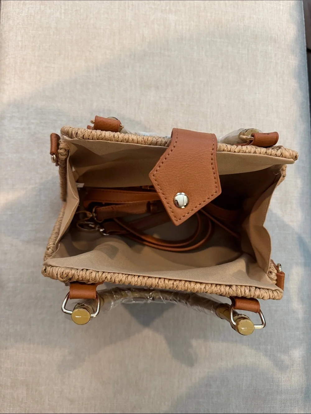 Woven Straw Tote Bag with Tan Leather Trim - Picture 3 of 5